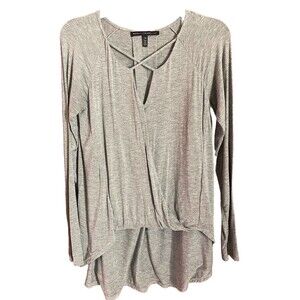 WHBM SZ-XS Gray Top High Low Long Sleeves Crisscross Neck Bottom Back Gathered